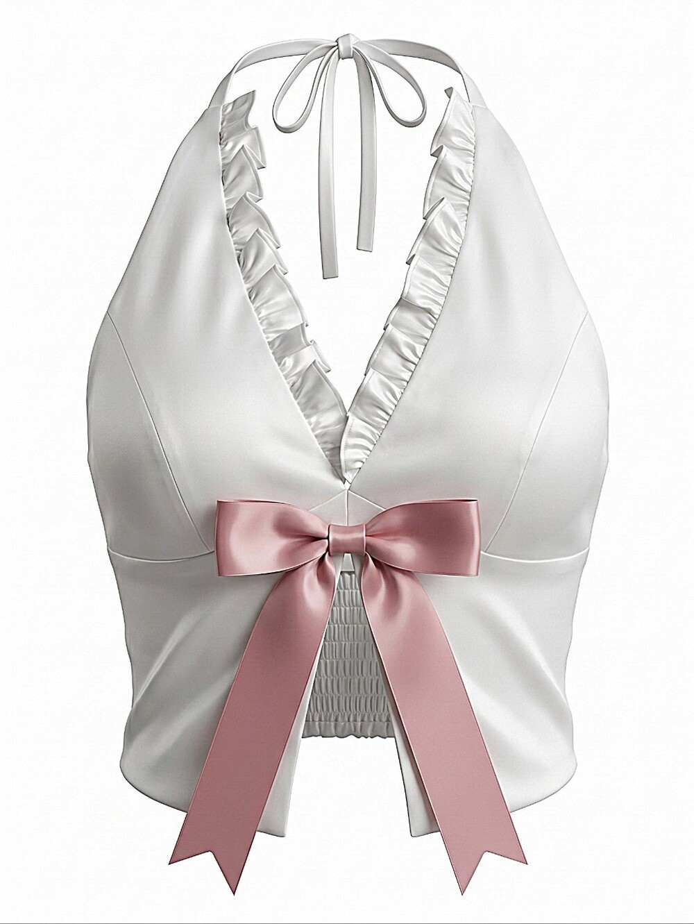 NWT! Pretty Damage White Satin Halter Crop Top with Pink Bow
